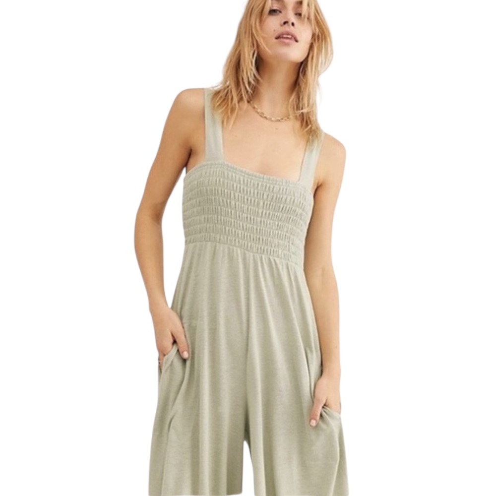 Smocked Strap Wide-Leg Jumpsuit - Sage Green